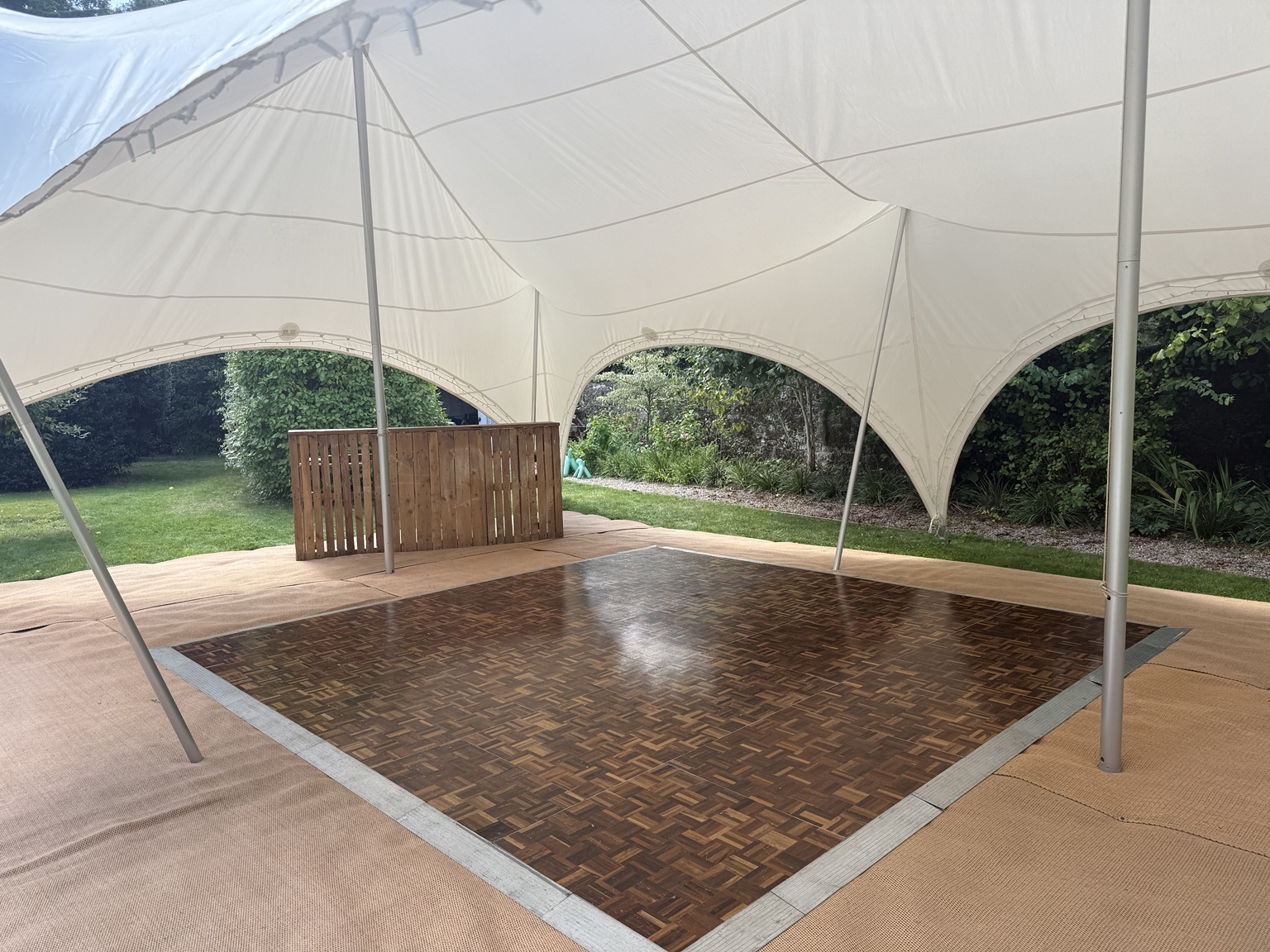 15ft x 15ft parquet dance floor in a marquee